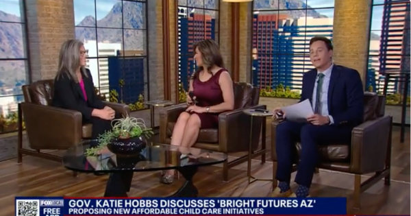 Governor Hobbs being interview by two FOX10 hosts.