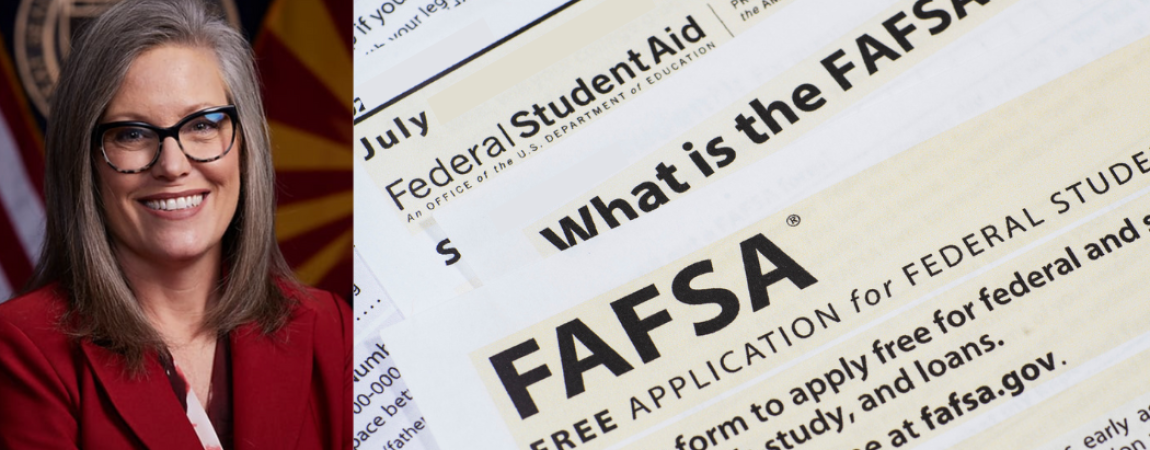 A portrait of Governor Katie Hobbs with a FAFSA paperwork graphic.